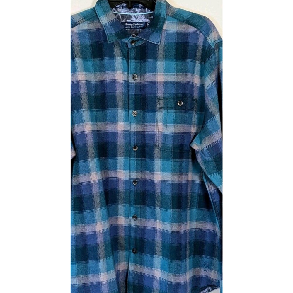 Tommy Bahama Canyon Beach Flannel Shirt Large Teal Blue Plaid NWT Stretch
